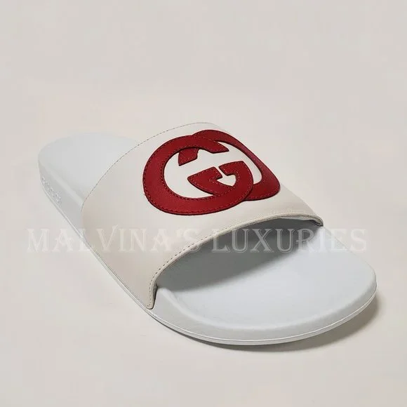 GUCCI SHOES WHITE LEATHER SLIDES INTERLOCKING G LOGO FLIP FLOPS sz IT 39 US 9